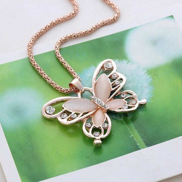 Super Cute Rose Gold, Pink Opal Butterfly Necklace