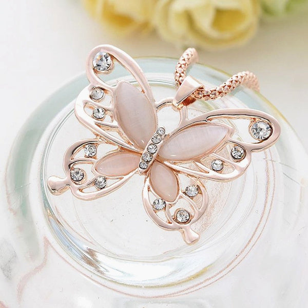 Super Cute Rose Gold, Pink Opal Butterfly Necklace