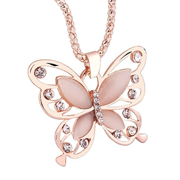 Super Cute Rose Gold, Pink Opal Butterfly Necklace