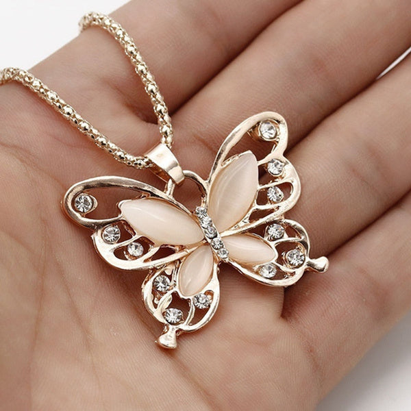 Super Cute Rose Gold, Pink Opal Butterfly Necklace