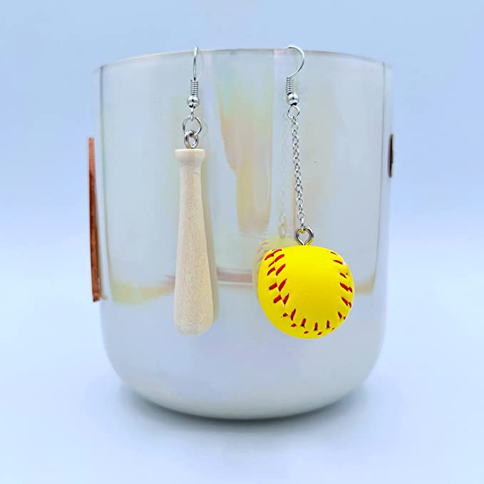 Asymmetrical Softball Bat & Softball Drop 3D Earrings