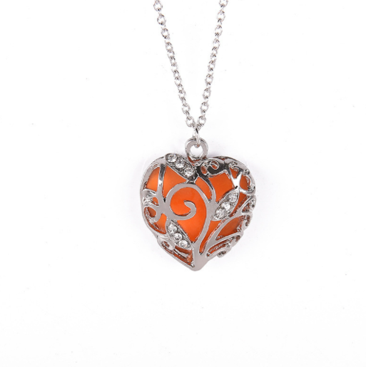 Luminous Orange Heart, Glow in the Dark Silver Necklace
