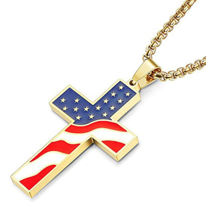 Gold American Flag Cross Necklace