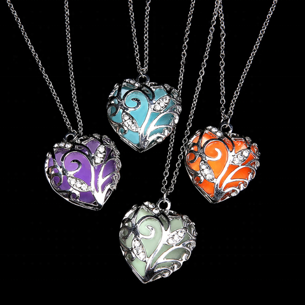 Luminous Purple Heart, Glow in the Dark Silver Necklace