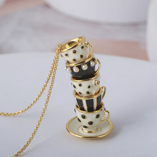 Stacked Teacups Tea Cup Necklace - Black & White