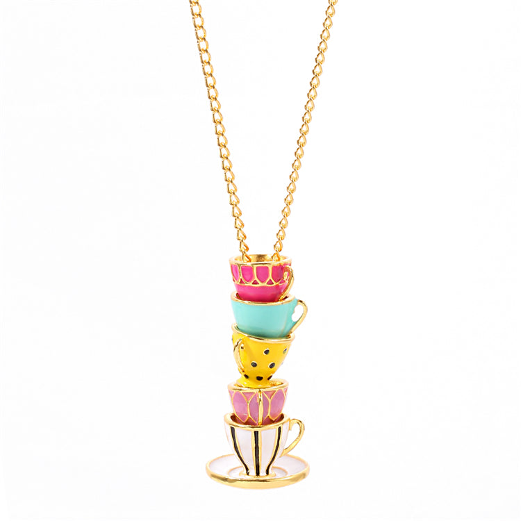 Pastel Stacked Teacups Tea Cup Necklace - Pink, Blue, Yellow, White, Red