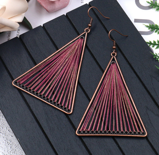 Purple Geometric Triangle Woven Cloth Boho Earrings