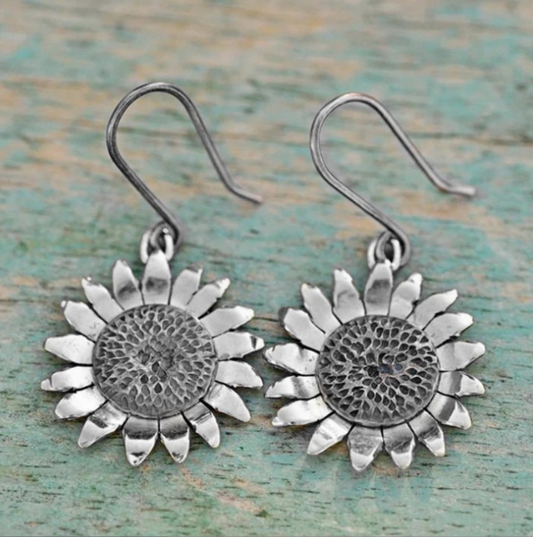 Silver Sunflower Simple Earrings