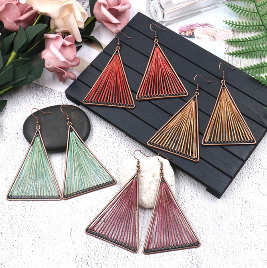 Red Geometric Triangle Woven Cloth Boho Earrings