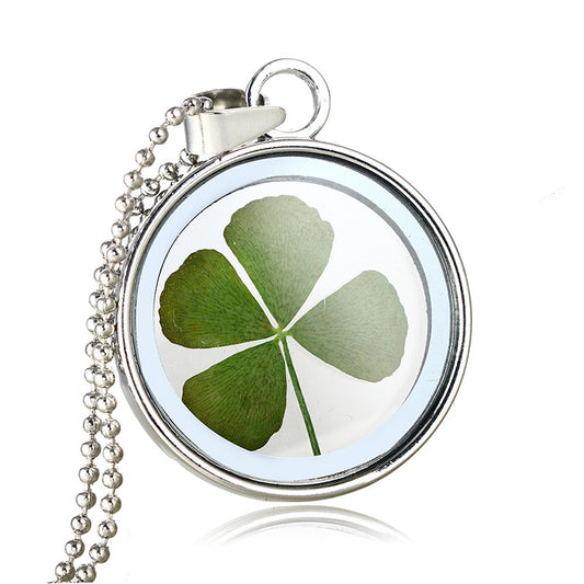 Silver Four (4) Leaf Clover, St Patricks Day, Green Necklace Pendant Resin - Good Luck