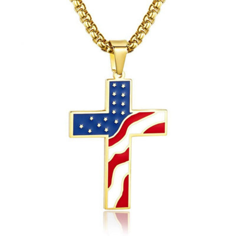 Gold American Flag Cross Necklace
