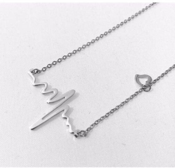 Silver Heartbeat ECG, EKG with Heart Charm Necklace