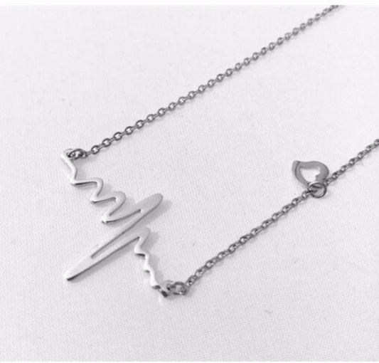 Silver Heartbeat ECG, EKG with Heart Charm Necklace