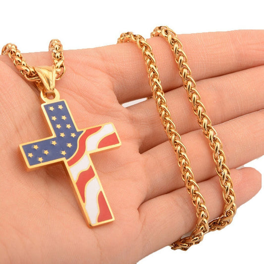 Gold American Flag Cross Necklace