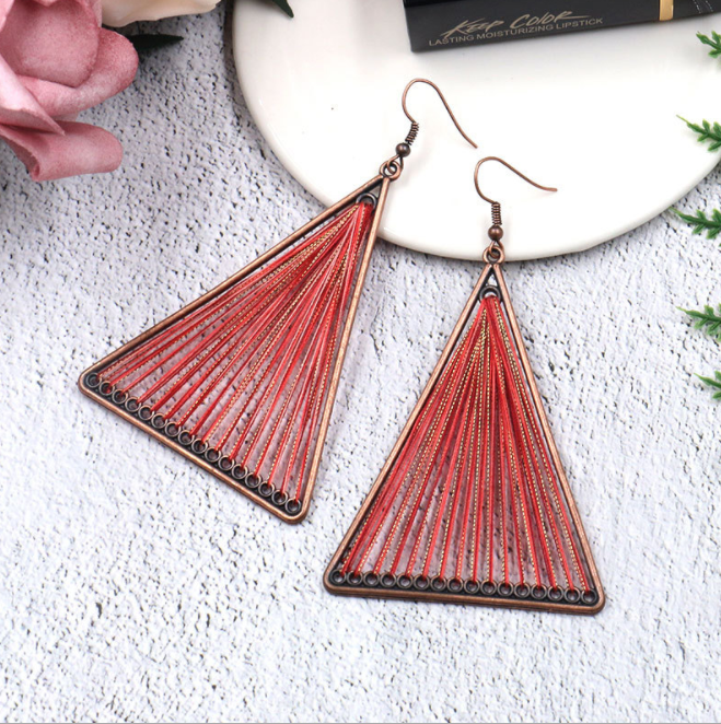 Red Geometric Triangle Woven Cloth Boho Earrings