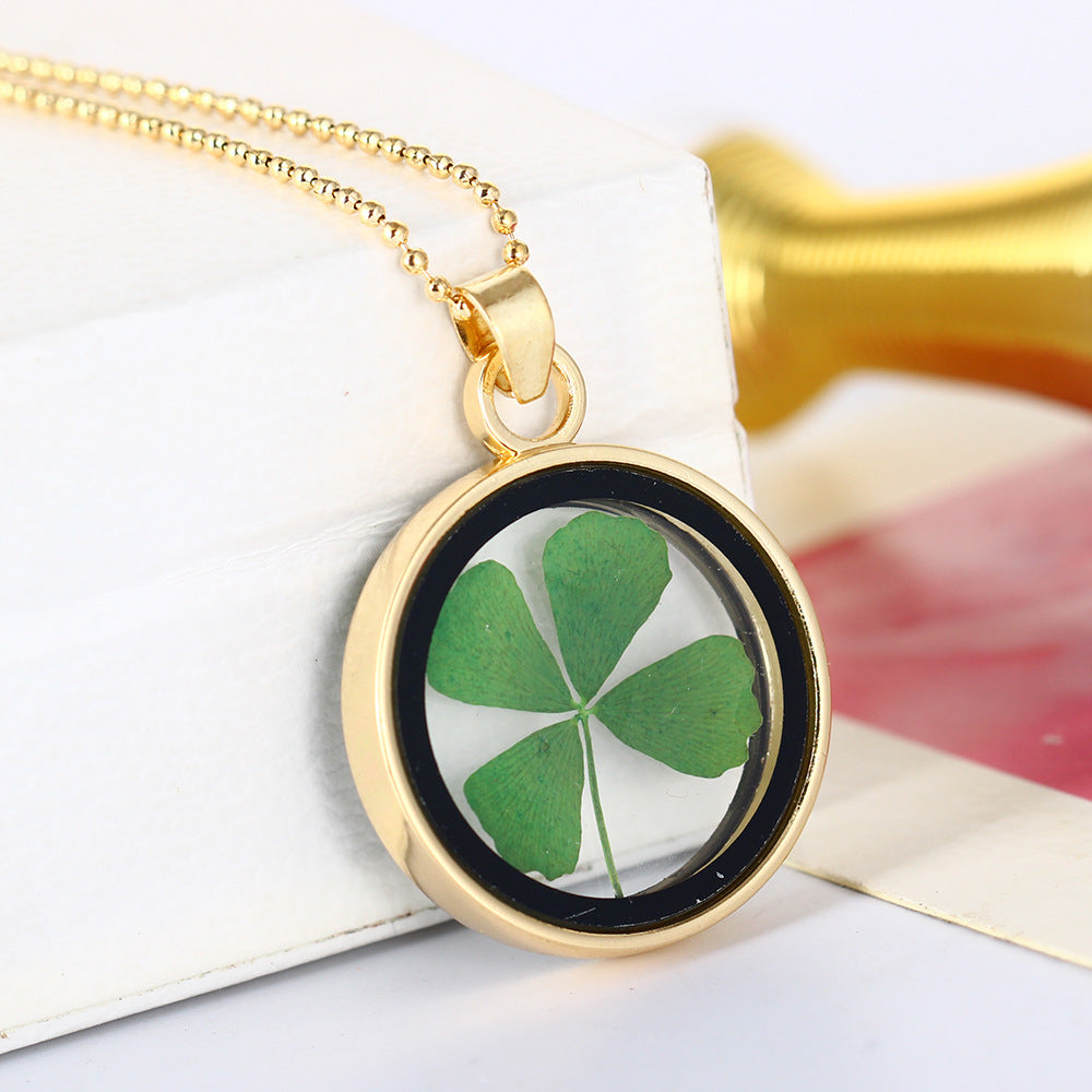 Gold Four (4) Leaf Clover, St Patricks Day, Green Necklace Pendant Resin - Good Luck