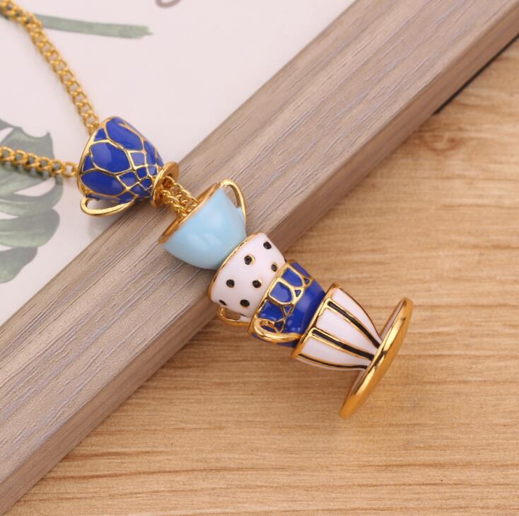 Stacked Teacups Tea Cup Necklace - Purple & White