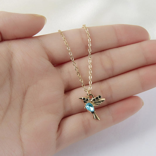 Blue Crystal Hummingbird Charm Pendant Necklace