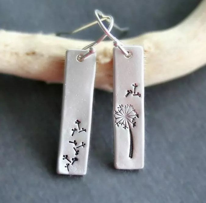 Silver Dandelion "Make a Wish" Floral Rectangle Earrings - Asymmetrical