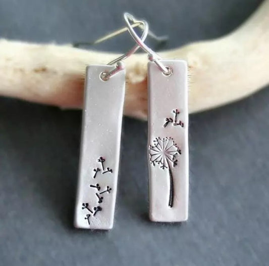 Silver Dandelion "Make a Wish" Floral Rectangle Earrings - Asymmetrical
