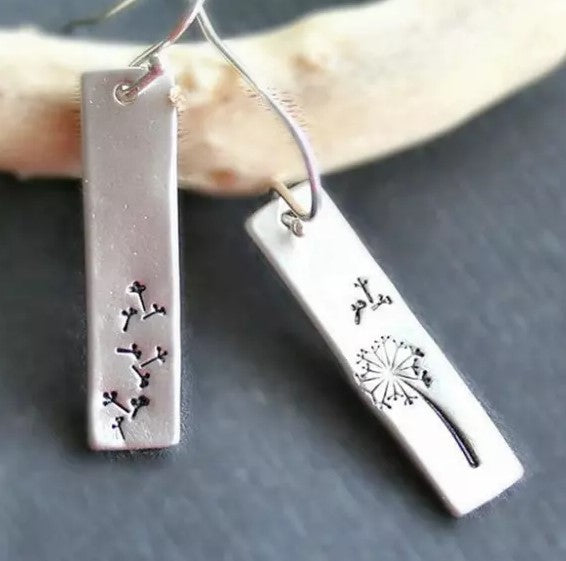 Silver Dandelion "Make a Wish" Floral Rectangle Earrings - Asymmetrical