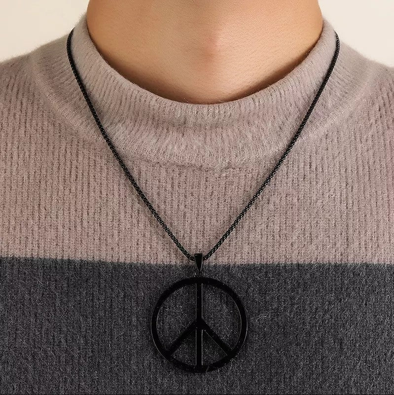 Large Silver Peace Sign Pendant Necklace