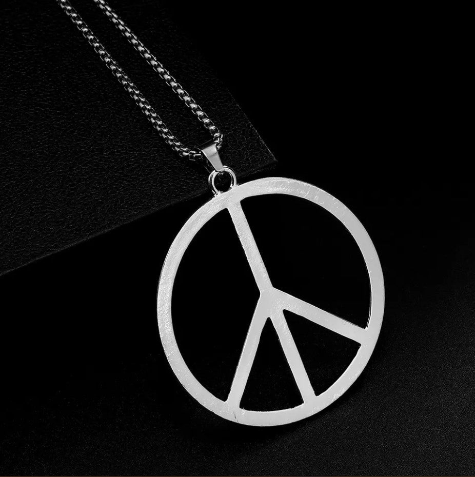 Large Silver Peace Sign Pendant Necklace