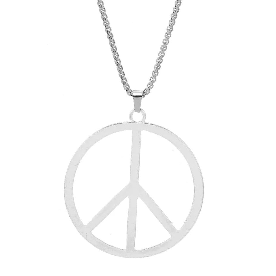 Large Silver Peace Sign Pendant Necklace