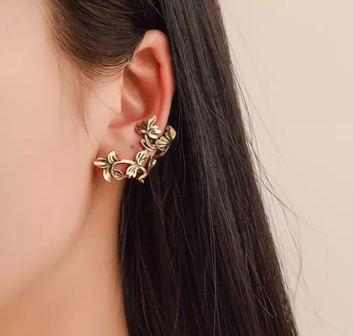 Silver Floral Hollowed Out Flower & Leaf Earring Cuff
