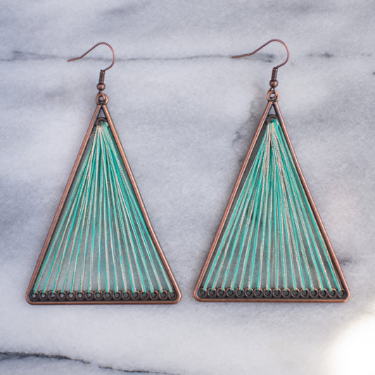 Green Geometric Triangle Woven Cloth Boho Earrings