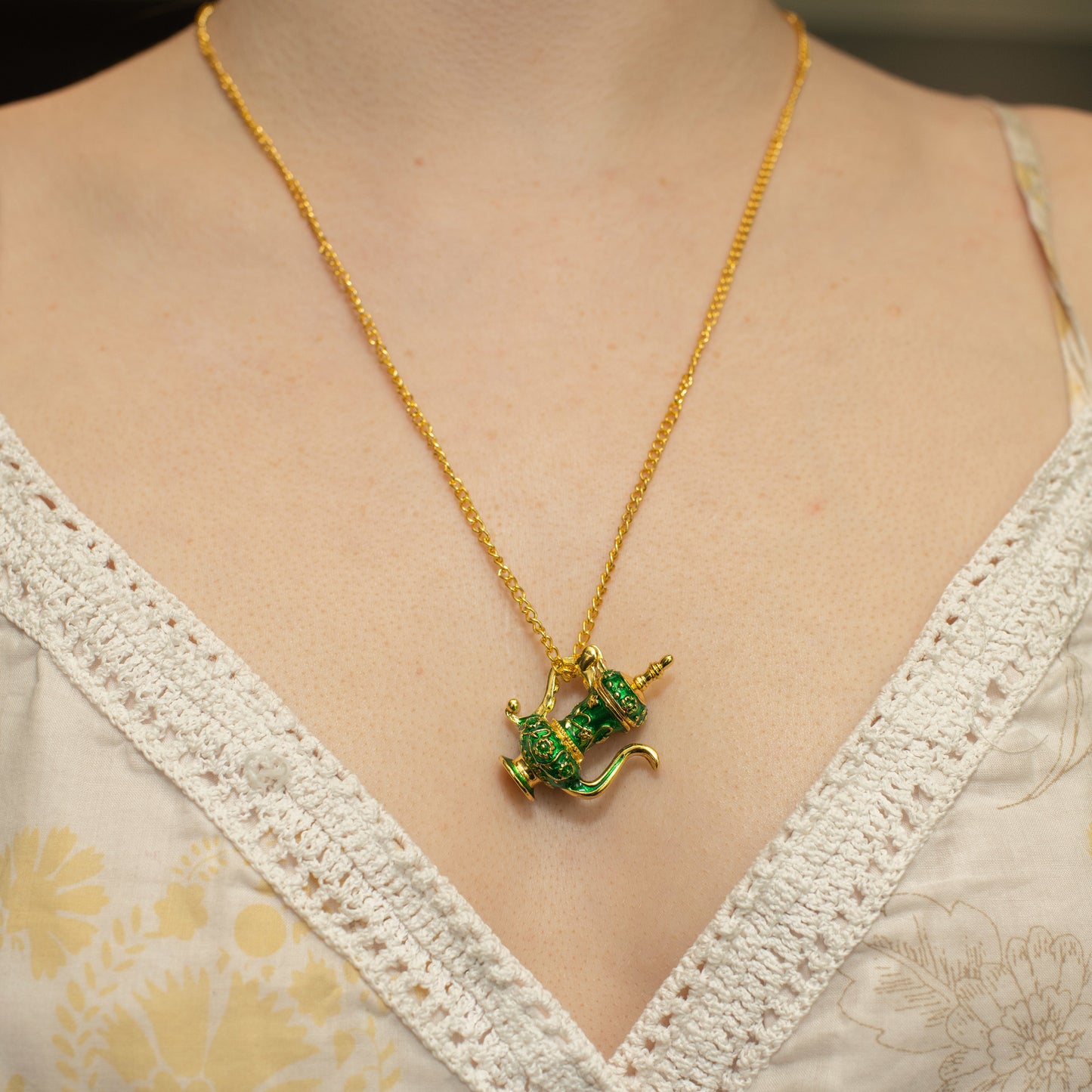 Green & Gold Arabic Style Teapot Locket Neckalce