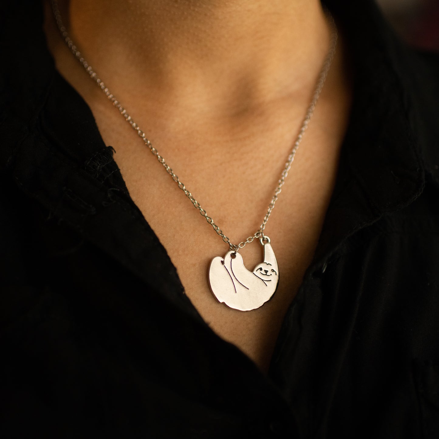 Cute Silver Hanging Sloth Animal Pendant Necklace