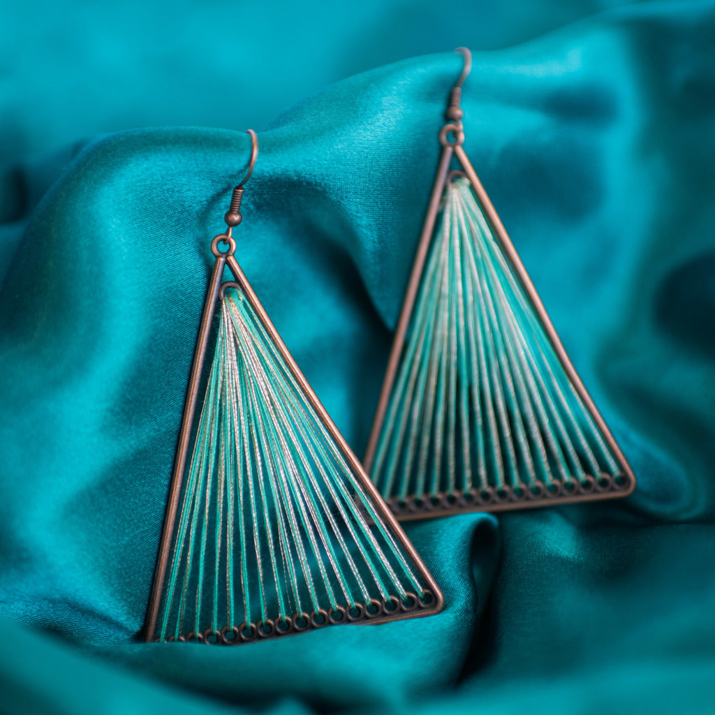 Green Geometric Triangle Woven Cloth Boho Earrings