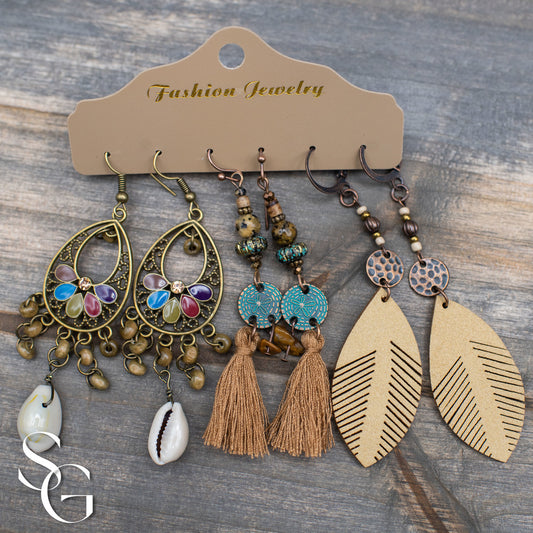 3 Pairs/Set Bohemian Boho Earrings - Feather, Tassle and Shell, C#1