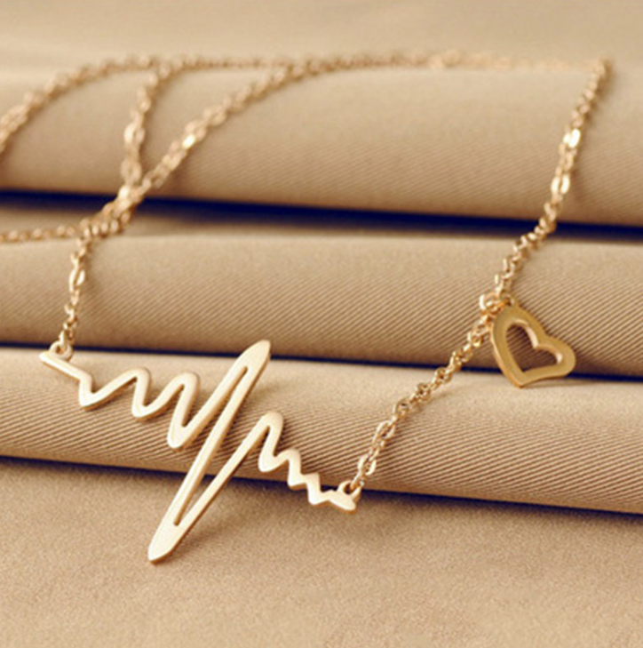Gold Heartbeat ECG, EKG with Heart Charm Necklace