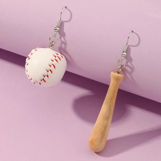 Asymmetrical Baseball Bat & Baseball Drop 3D Earrings