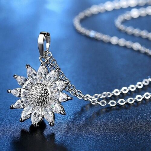Elegant Simulated Diamond Crystal Rose Gold Sunflower Necklace