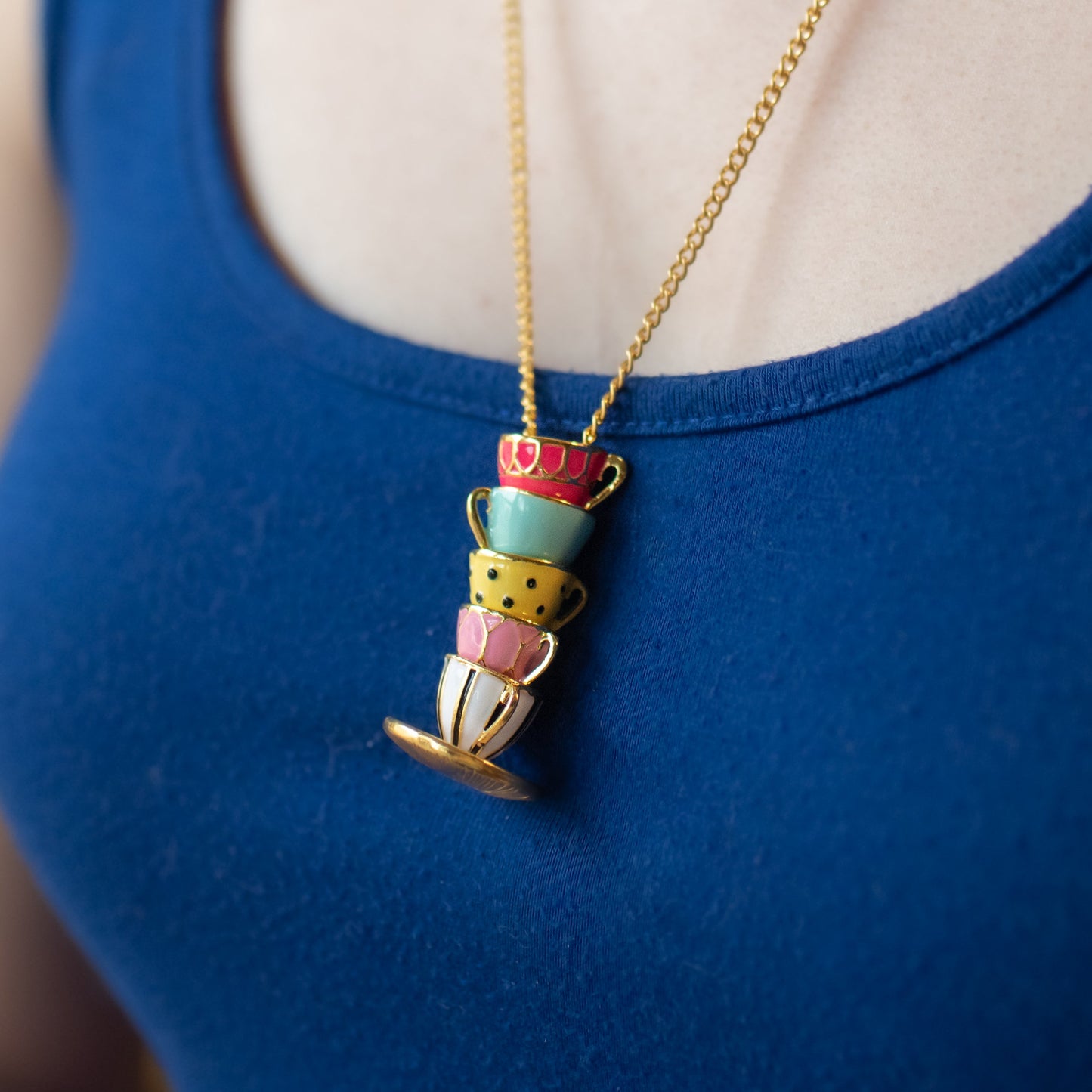Stacked Teacups Tea Cup Necklace - Black & White