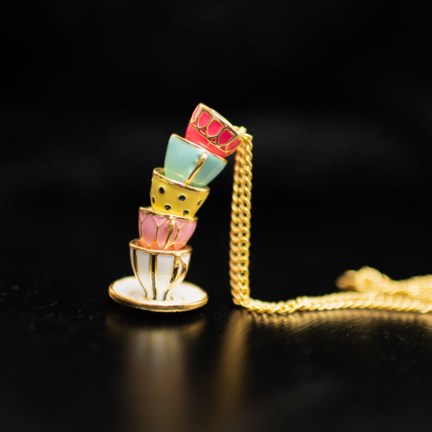 Pastel Stacked Teacups Tea Cup Necklace - Pink, Blue, Yellow, White, Red